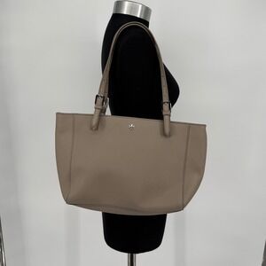 Tory Burch Pebble Leather Tote Bag + Matching Wallet Taupe Silver Logo Womens